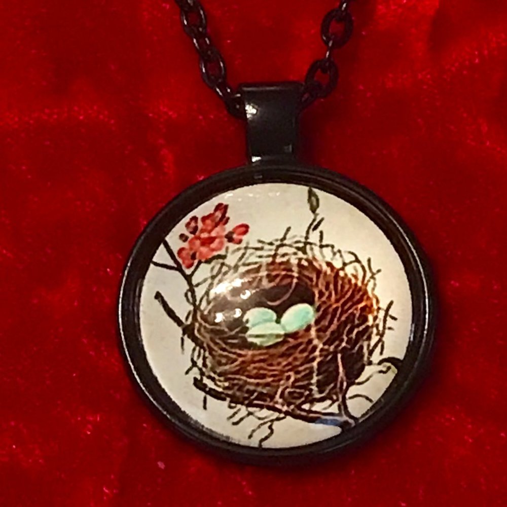 Bird's Nest with Blue Eggs Black Tone Necklace